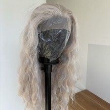 Heat Resistant Hair Long Wavy Frontal T Lace Wig Silver gray Layered
