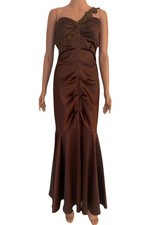 XSCAPE Mermaid Gown 1-Shoulder Beaded Detail Brown Satin Ruched VTG 2010 NWT 10
