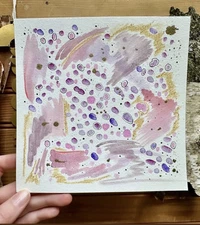 Abstract Art Original Watercolor Painting Drawing Gold Pink Whimsical MCM Modern