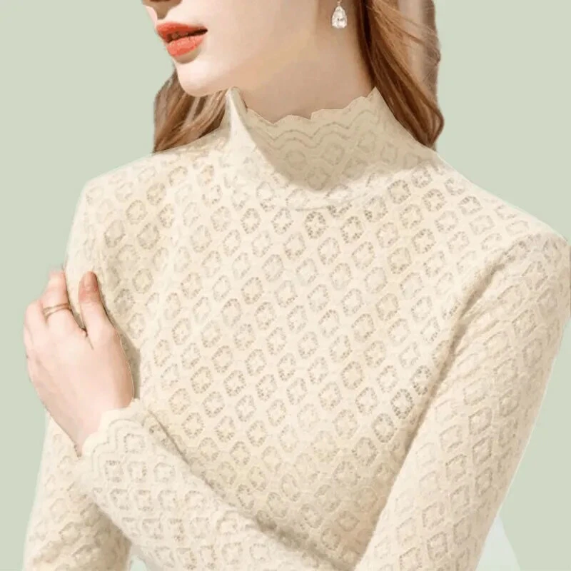 Donna Orlo a Caduta Pizzo Camicia Rete Cavo Puro Maglia collo Alto Slim Rétro - Immagine 4 di 4