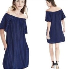 NWT Banana Republic Blue Pinstripes Off The Shoulder Pocket Shift Dress Sz ST