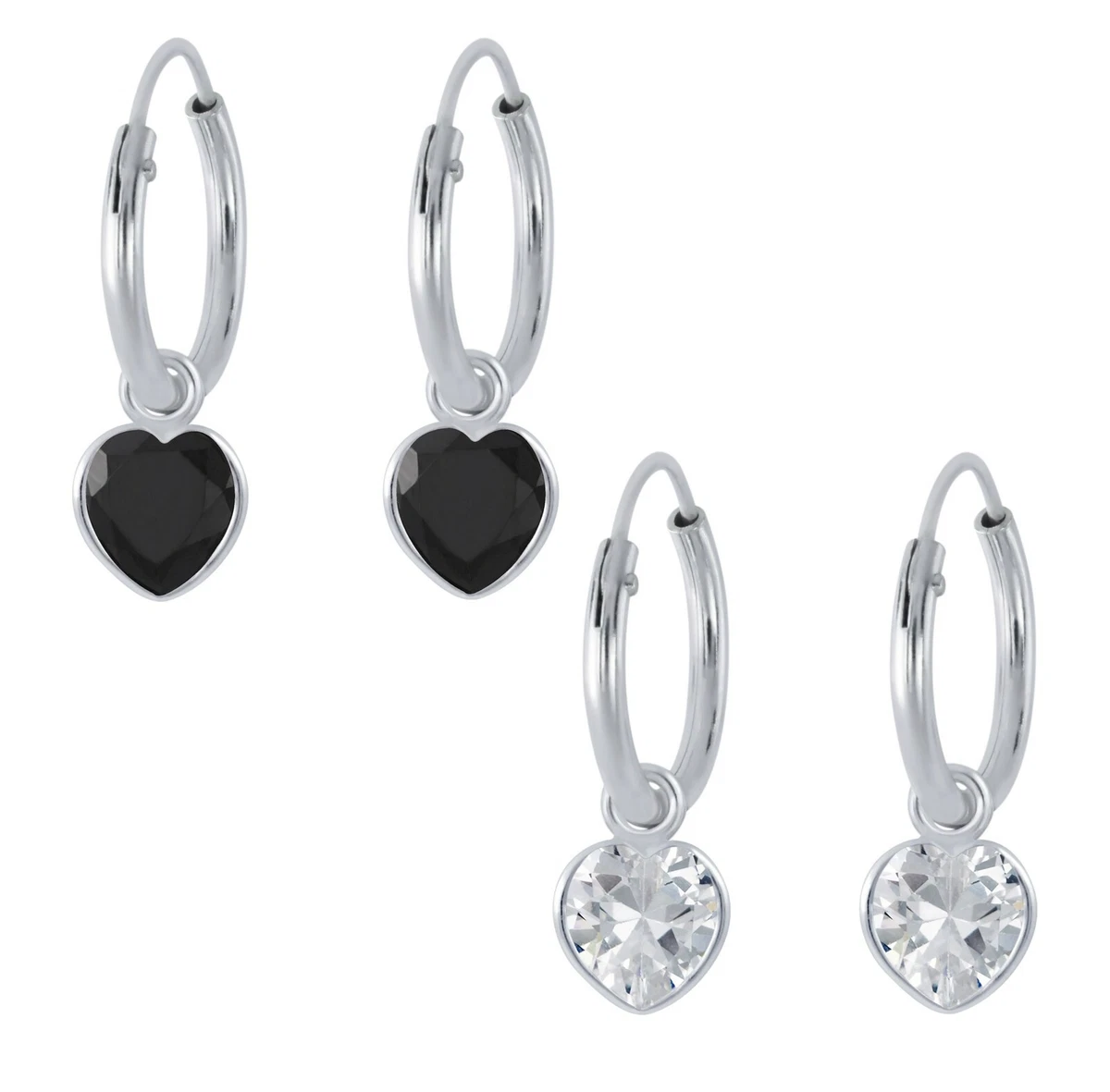 925 Sterling Silver Clear Black Love Heart Cubic Zirconia Sleeper