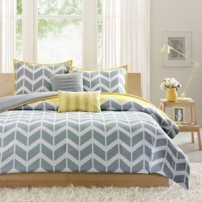 Gray Yellow Chevron Zig Zag 5 pc Comforter Set Twin XL Full Queen Cal King Bed