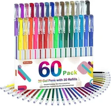 Gel Pens 60 Pack Set with 30 Colored Gel Pen and 30 Refills for Adults Coloring