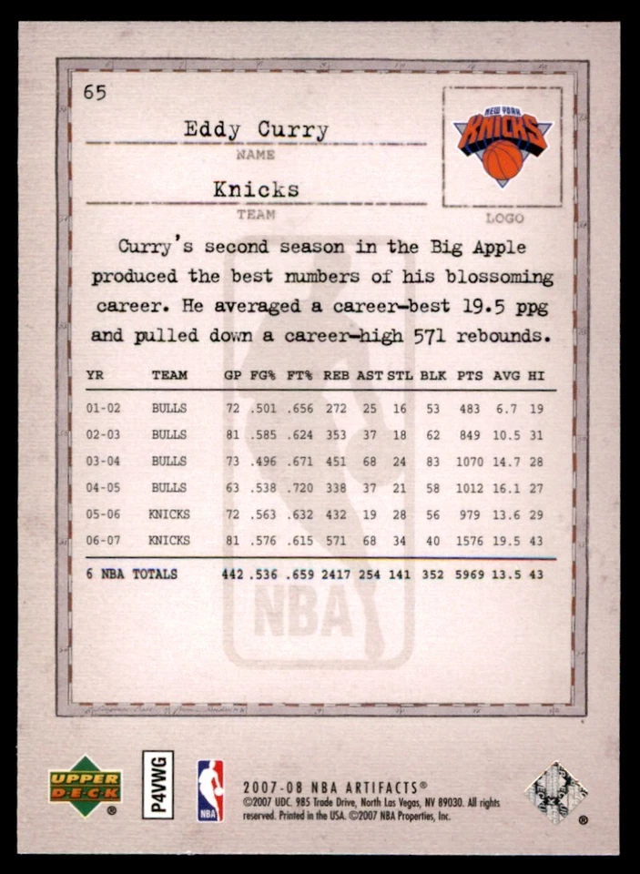 2007-08 Upper Deck Artifacts Eddy Curry New York Knicks #65 - Image 2 of 2