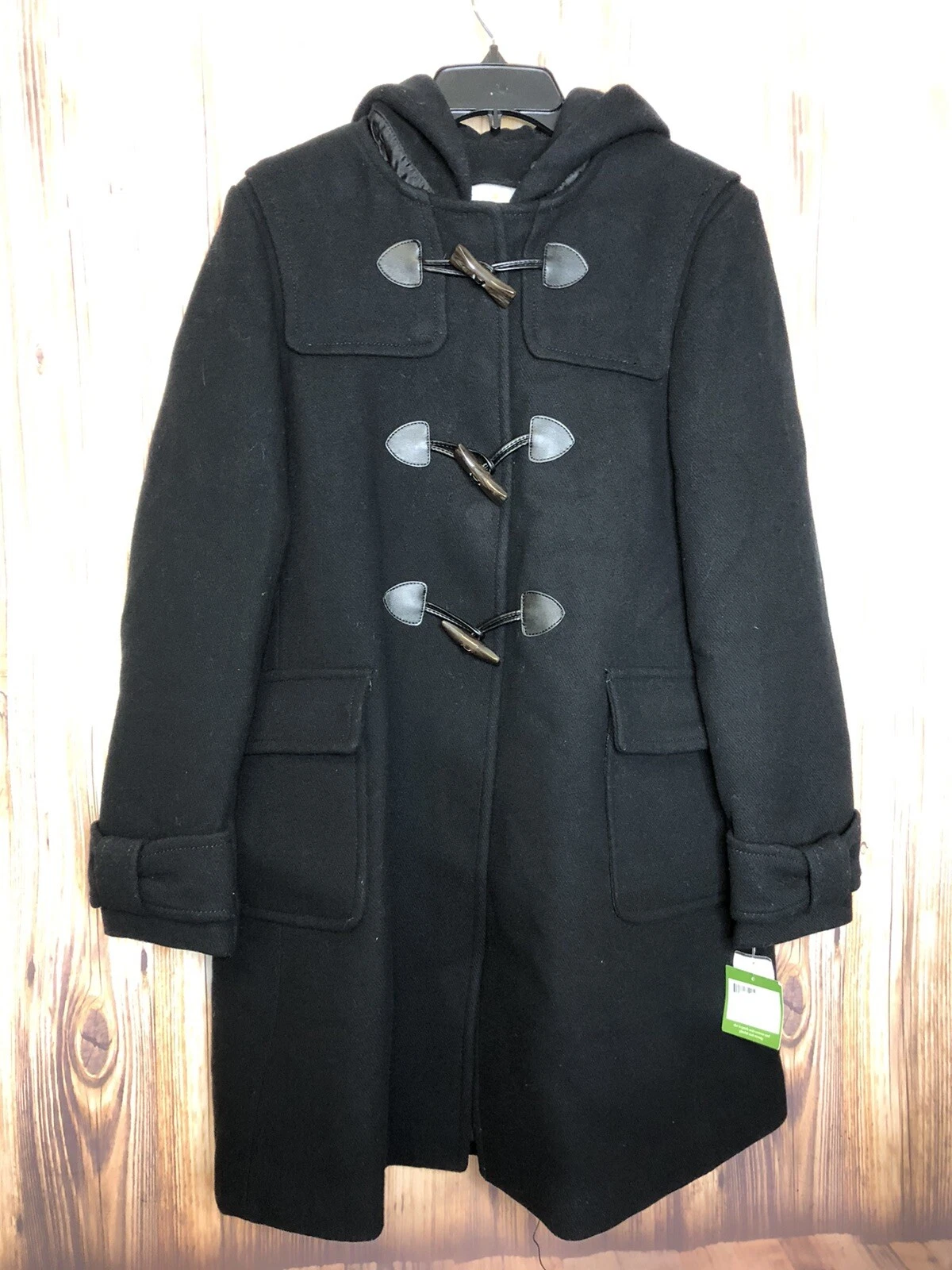 Cappotto nuovo con etichette Kate Spade K26721 lana con cappuccio rimovibile taglia L nero $458