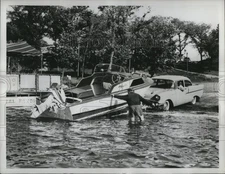 1959 Press Photo Boat Backed into Water by Bumper Trailer Hitch - ney19872