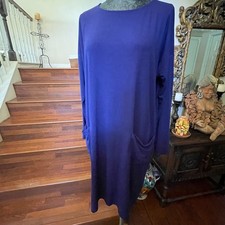 Eileen Fisher Dress Viscose Blue Jersey Long Slv Shift Dress Pockets L USA Made