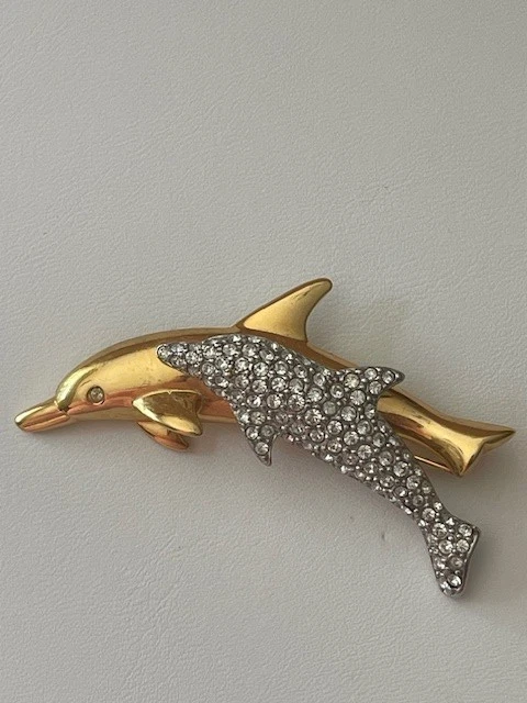 PIN BROCHE LÚDICO CRISTAL SWAROVSKI DOBLE DELFÍN DOS TONOS ORO/PLATEADO Foto 3 de 4