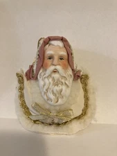 Vintage Santa Head Christmas Ornament Victorian with white robe and golden bow
