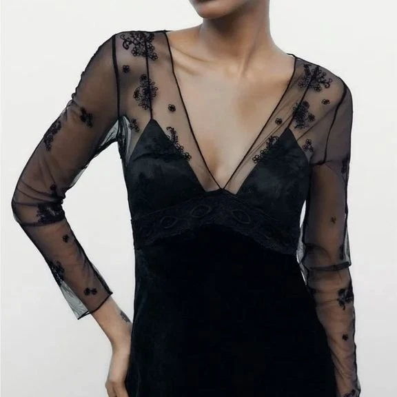 Maxi Vestido Zara Mujer Pequeño Negro Terciopelo Transparente Bordado Manga Larga Foto 4 de 4