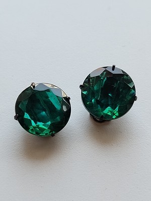 Rare 1950s  French Designer Clip-on Earrings - Green Faceted Glass diameter 2cm