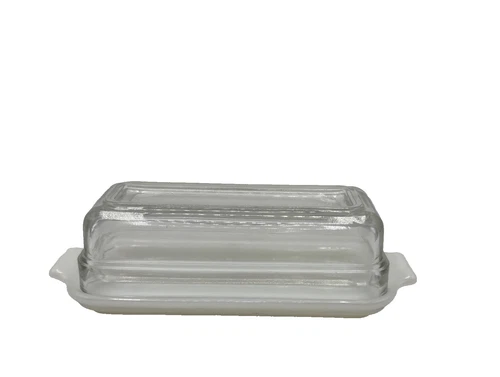 Vintage Fire King OVEN WARE Milk Glass Butter Dish w/Clear Cover