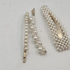 Vintage Faux Pearl Hair Barrettes Lot Of Three Gold Tone Bridal Estate Find