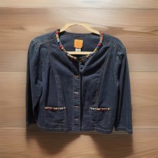 Ruby Rd. Beaded Button Front Jacket Womens Blue 8P Pockets Long Sleeve