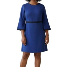 Eliza J Dress Size 14W Blue Black Trim A Line 3/4 Bell Sleeves Drop Waist Lined
