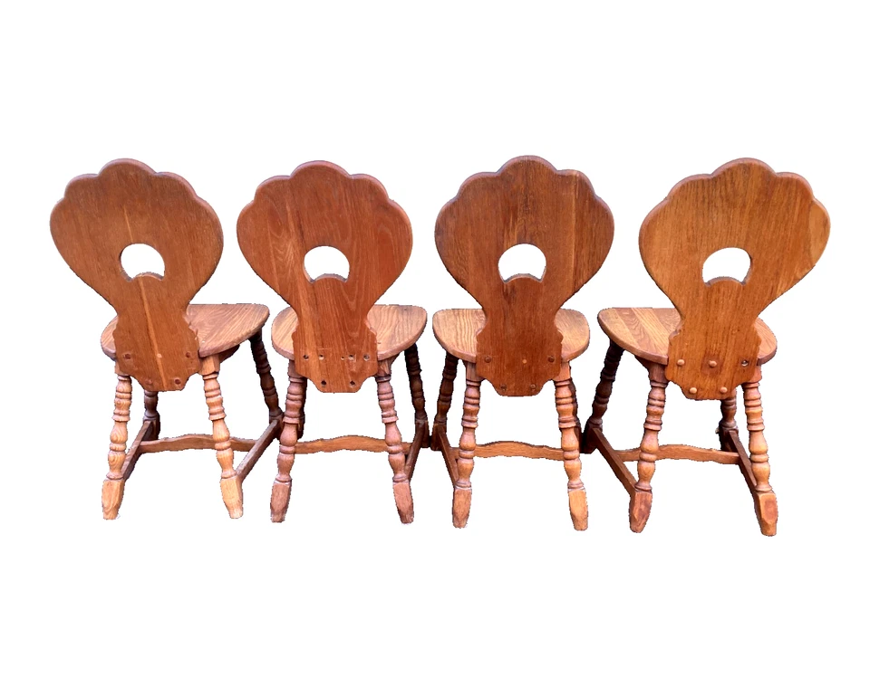 Antiguo juego de 4 sillas de cocina de comedor con respaldo a presión de madera de roble - ¡Extremadamente raras!! Foto 3 de 4