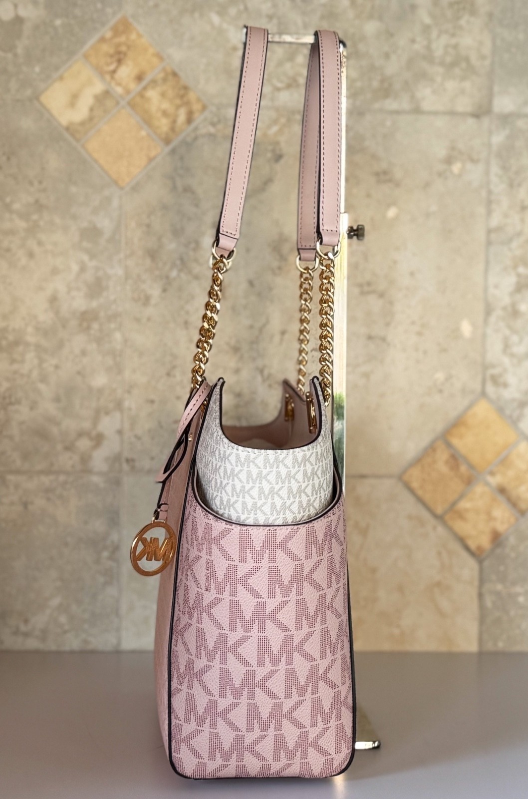 Michael Kors Jet Set Travel LG Shoulder Chain Tote Bag MK Color-Block Pink thumbnail 5