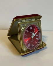 Vtg Linden Germany Wind Up Gold Red Velvet Travel Alarm Clock Folding Snap Case