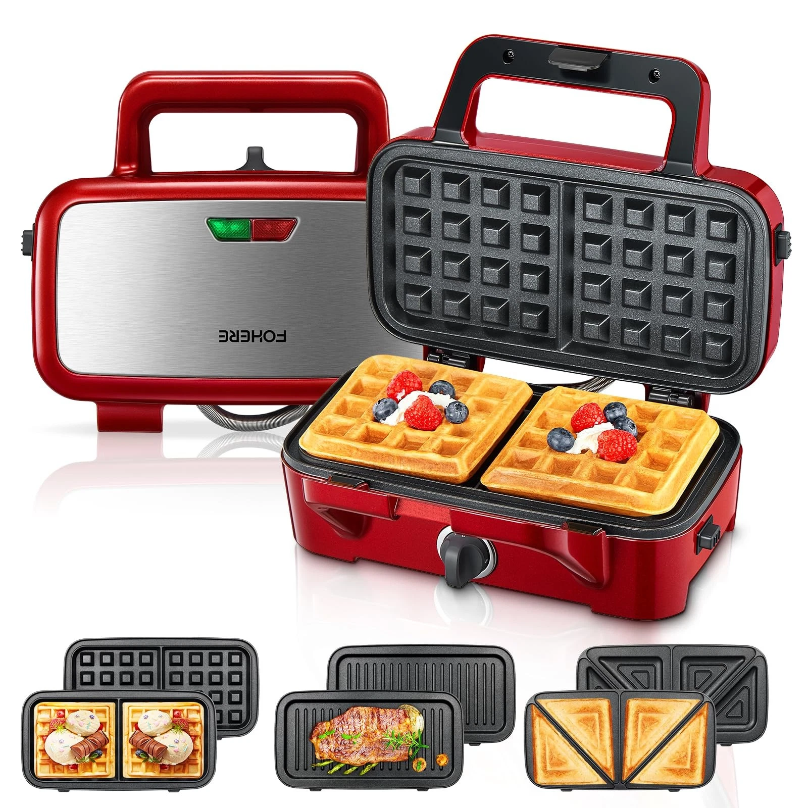 FOHERE Waffle Maker 3 in 1 Sandwich Maker 1200W Panini Press With Removable P...