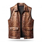 Men's Snakeskin Print Leather Vest Zip Front Multi Pocket Biker Waistcoat