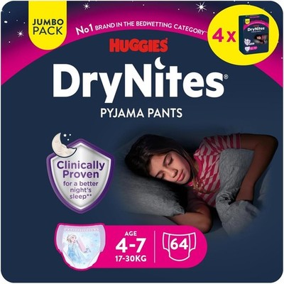 4x Huggies DryNites Nachtwindeln Pyjama Hose / Pants Mädche 4-7 Jahre = 64 Stück