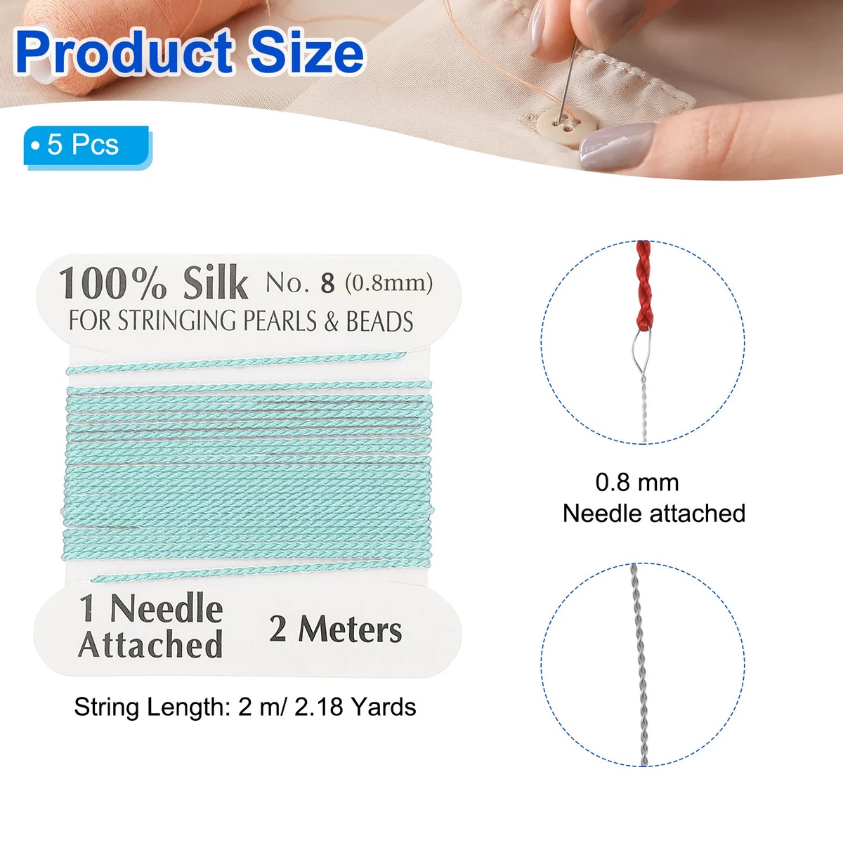 Silk Cord Thread, 5 Pcs Pure Silk Beading Thread Cord Size 0.8 mm, Blue Green