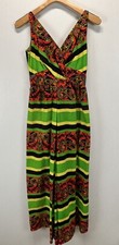 Vtg Retro Jumpsuit Romper Paisley Stripe Wide Palazzo Leg Mod Groovy Flocked 70s