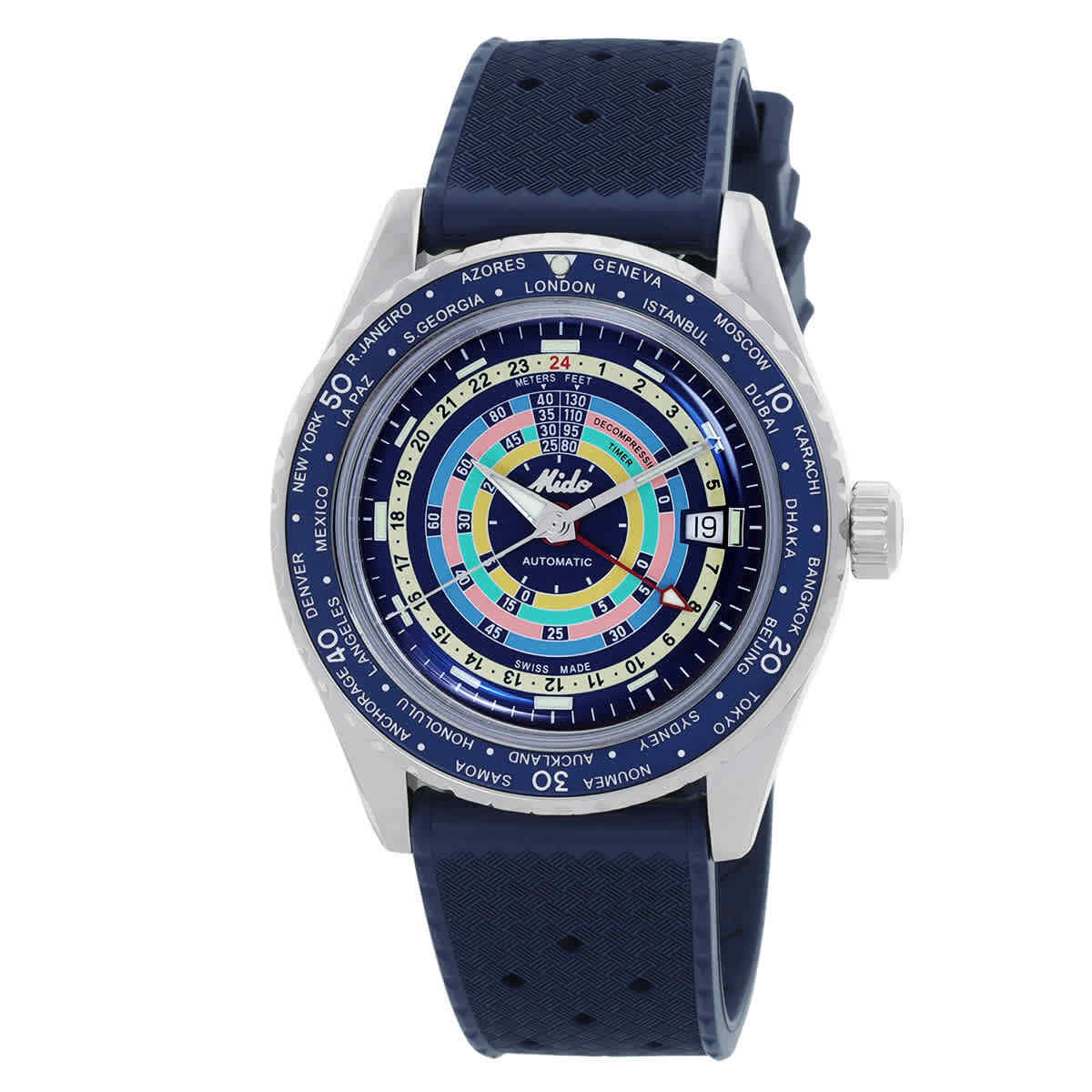 Мужские часы Mido Ocean Star Decompression Worldtimer с автоматическим синим циферблатом