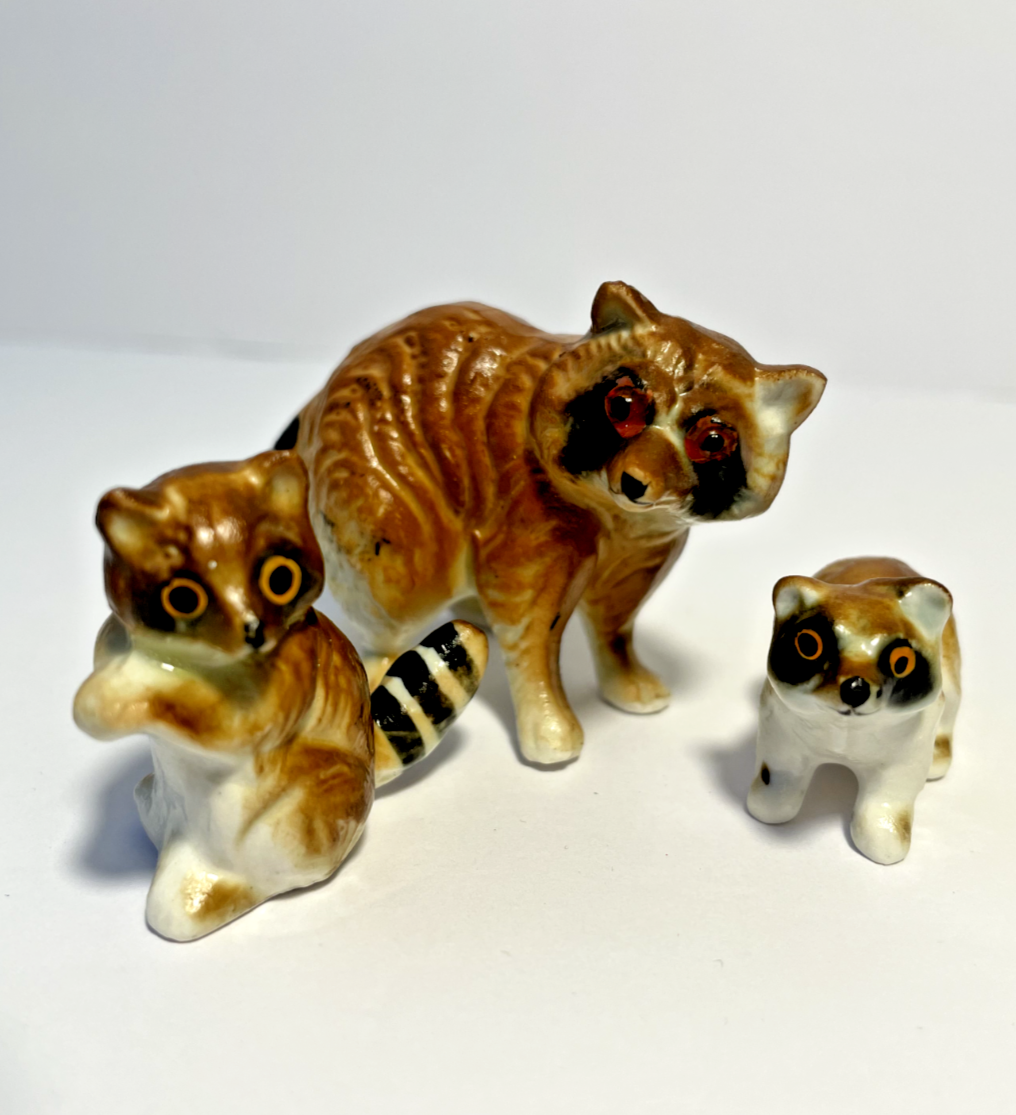 Vintage 3 Raccoon Family, Bone China Hand Painted, Miniature Figurines,  Japan