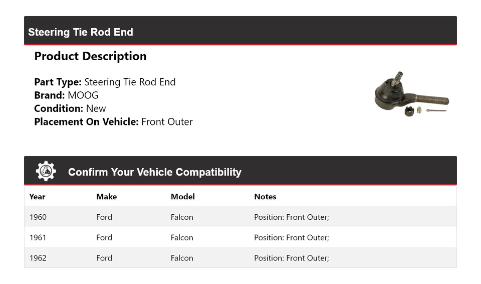 Barra de dirección delantera exterior para Ford Falcon 1960-1962 MOOG 1960 1961 1962 Foto 2 de 4