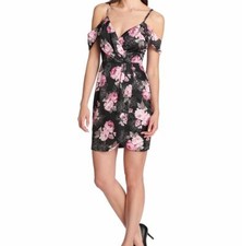 New $128 Guess Womens Black Pink Floral Satin Cold-Shoulder Sheath Dress Size 12