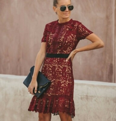 Do+Be Burgundy Wine Red Crochet Lace Ruffle Cocktail Valentine Dress S