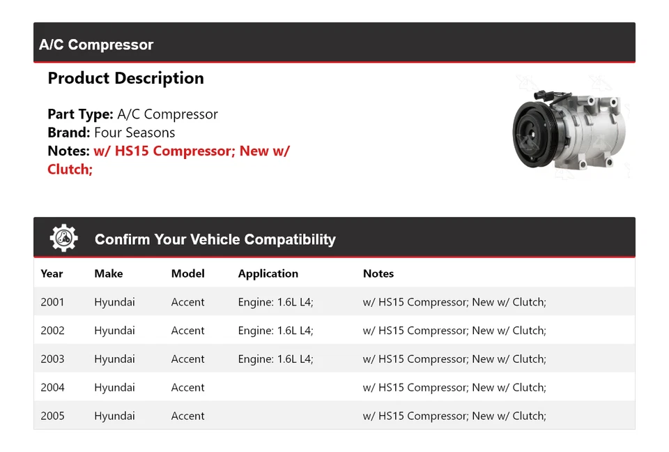 Compresor de aire acondicionado Hyundai Accent 2001-2005 4 estaciones 2002 2003 2004 Foto 2 de 4