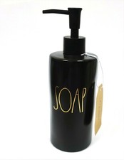 NEW RAE DUNN BY MAGENTA BLACK CERAMIC SOAP DISPENSER +PUMP, 'SOAP' PRINT IN GOLD