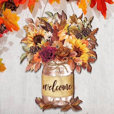 Fall Floral Welcome Sign Thanksgiving Wooden Hanging Door Sign Autumn Pumpkin