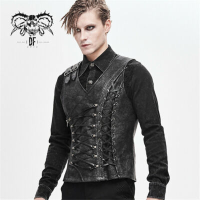 Men Punk Sleeveless Waistcoat Gothic Eyelet Drawstring Diagonal Zipper Vest Coat