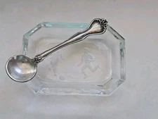 Czech Clear Intaglio Salt Cellar Soccer Players & 925 Spoon