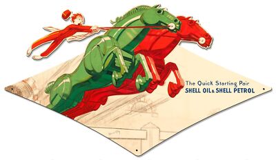 SHELL OIL PETROL RED GREEN IRON HORSES 28'' HEAVY DUTY USA MADE METAL ADV SIGN