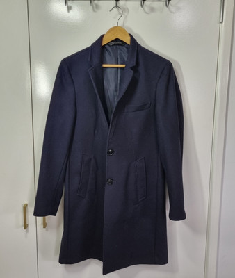 Zara Man Over Coat Mens 40 Black Wool Blend Smart Mid Length Long Jacket