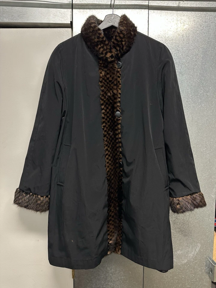 Checkered Woman's Black Sheared Mink Fur Jacket Reversible To Rain Taffeta Sz 12 - Image 3 of 4