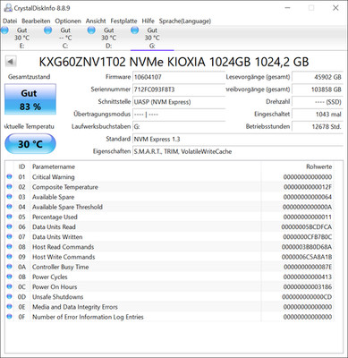 Kioxia 1024 GB interne M.2 SSD Festplatte NVMe M.2 2280 M-Key KXG60ZNV1T02