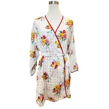 VTG 80s Josie by Natori Robe Womens XS Floral Multicolor Silky Surplice Neckline