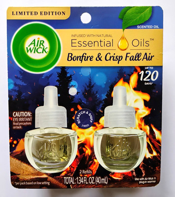 Air Wick Plug-in Scented Essential Oil 2 Refills Bonfire and Crisp Fall Air New