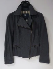 Burberry London Flare Hem Double Zip Leather Rider Jacket Charcoal Used
