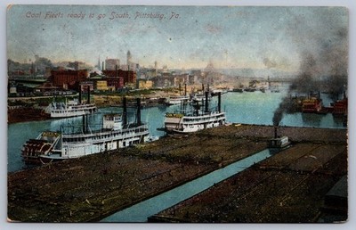Postcard Pittsburgh PA Coal Fleets Readt To Go South 1908 Steamboats
