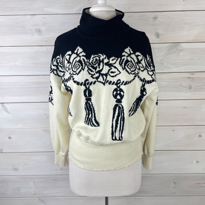 Vintage Escada Long Sleeve Black Roses Cream Turtleneck Sweater Womens Size 38