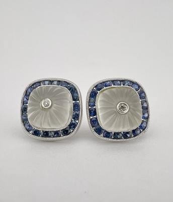 Antique 18k Gold Carved Frosted Rock Crystal & Diamond & Sapphire Stud Earrings