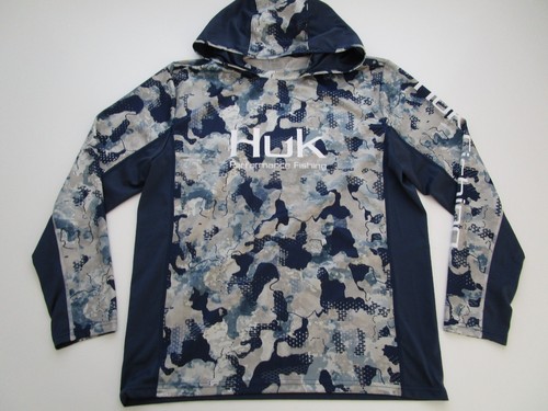 Mens Large Huk Fishing Hoodie Shirt long sleeve blue camo