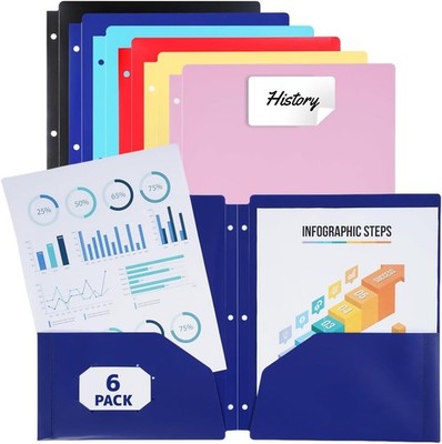 FlexOffice 6 Pack Colored 2-Pocket Folders, 3-Hole Punched with Card Slot,